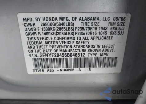2006 Honda Pilot Ex z USA, uszkodzony, nr VIN 5FNYF28456B046812